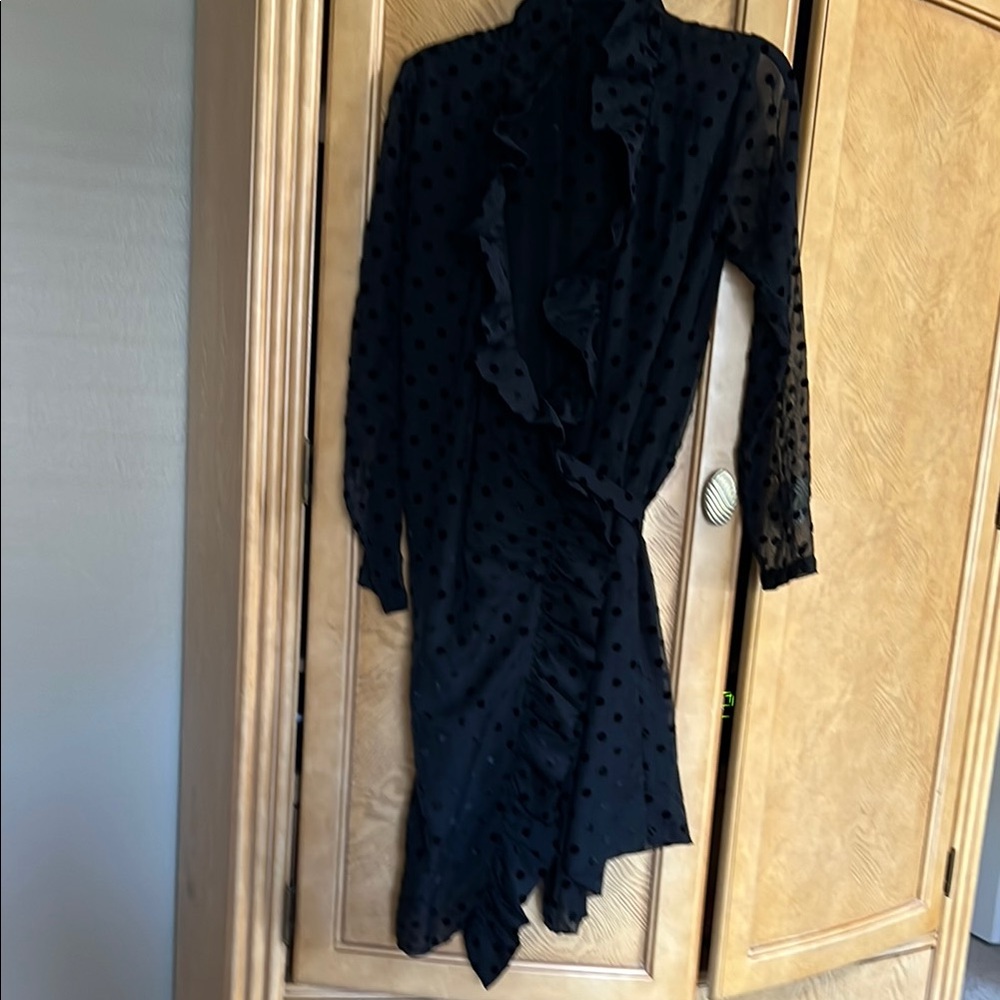 Black Mock Neck Wrap Dress with Bishop Sleeves